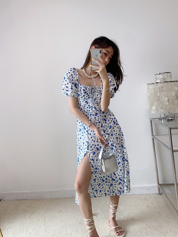 [Vanessa] square neck western style slit dress 6205# ozq