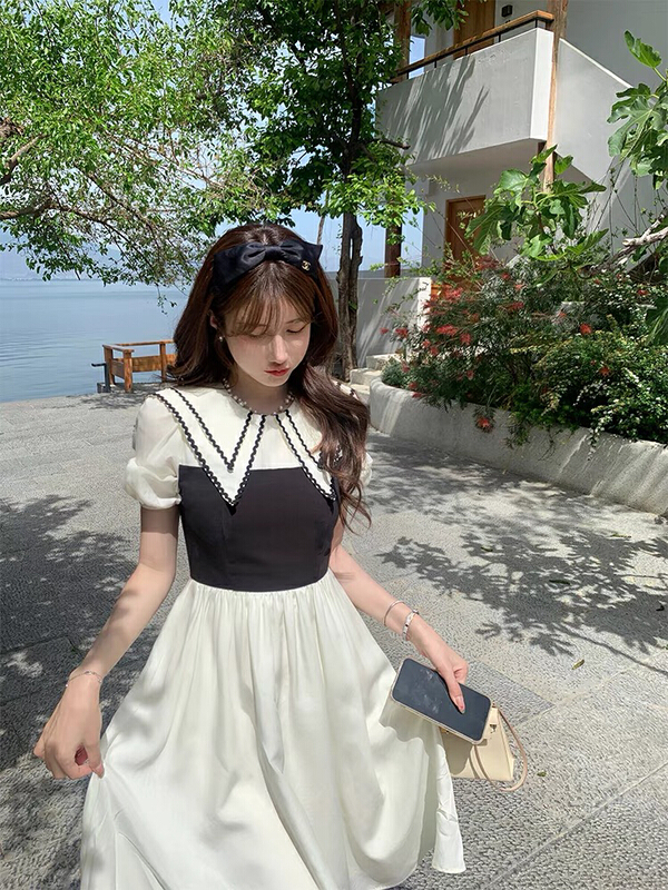 [savage] gentle wind double layer contrast color doll neck bubble sleeve waist closing dress e8158# WPL