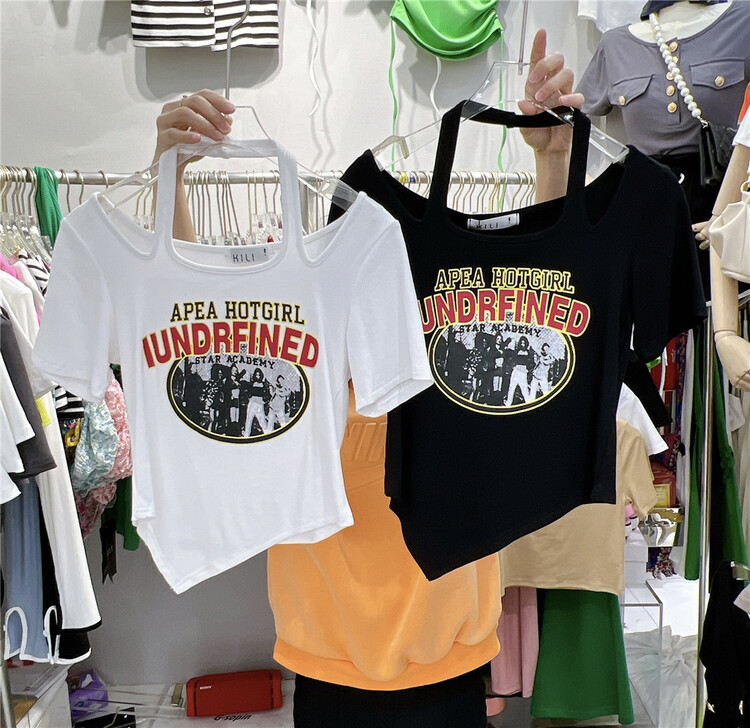 [Kili] hanging neck letter printing slim fitting short sleeve T-shirt 2301# XYJ