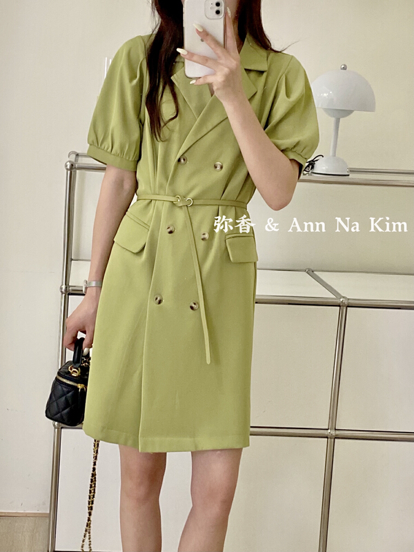 goods in stock! New in early summer! [Mi Xiang] Korean fashion suit collar double breasted dress (with belt) 5187-1# hjy