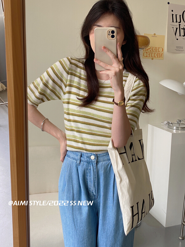 [aimistyle] crew neck stripe comfortable shirt 13227# HBx