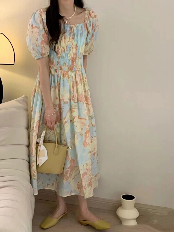 New in early summer! [Chen] French elegant retro oil painting shows thin medium length dress 3203# hjy