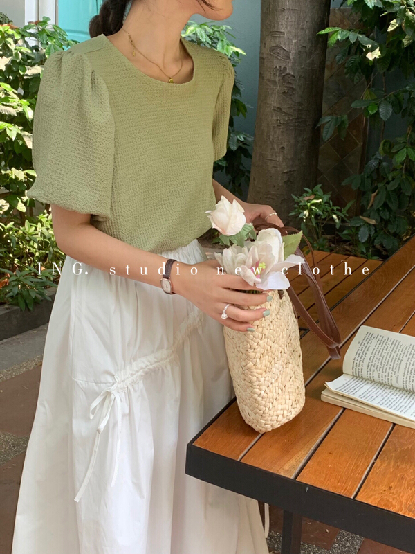 [ing] temperament versatile round neck bubble sleeve loose shirt ing-7726# HBx