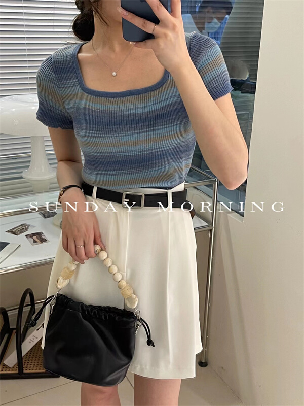 [Sunday morning] Korean version square neck pure desire wind stripe Pullover knitted short sleeve T-shirt (short sleeve only) 6978# zjy