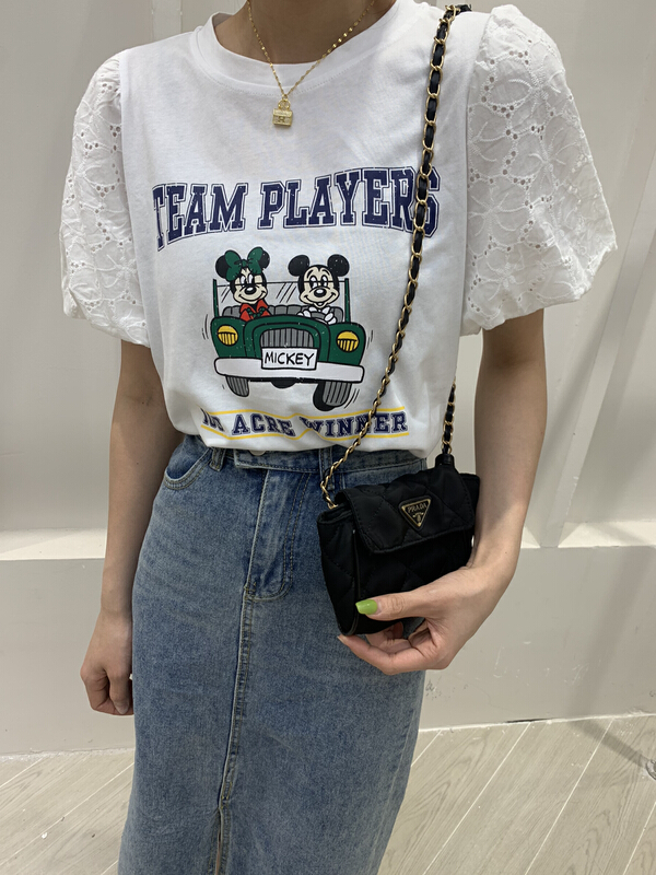 [m.two] craft stitched bubble sleeve Mickey printed short sleeve T-shirt 70000# hyy