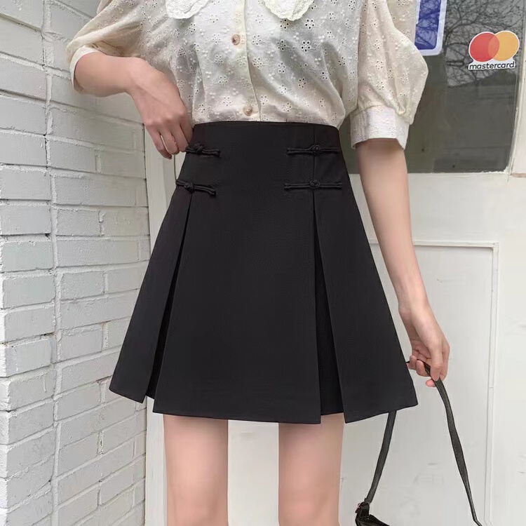 [twins] Vintage Black Buckle pleated skirt (only selling skirt) 8856# hjy