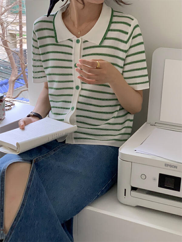 初夏上新!【ABOUT ME】鏤空條紋顯瘦針織開衫  219077#  CQW