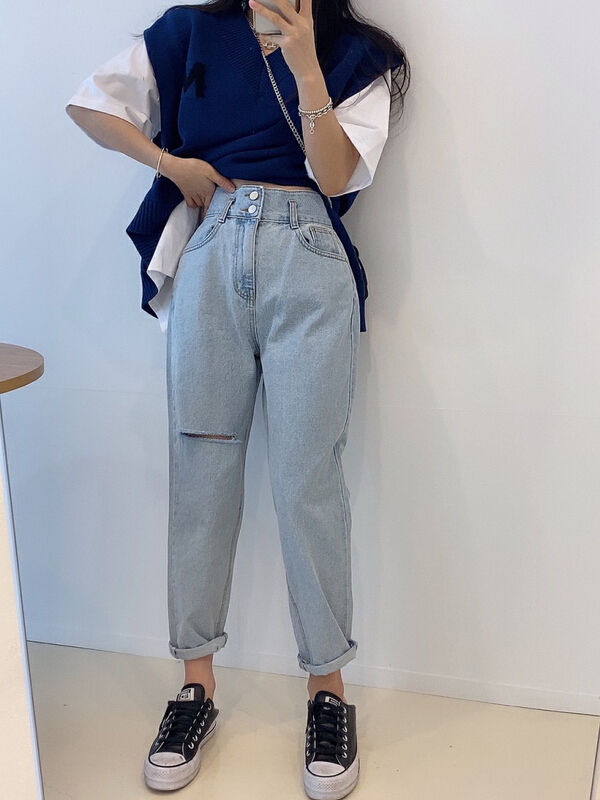 New in early summer! [four seasons] solid color casual straight hole high waist jeans 6005# LSL