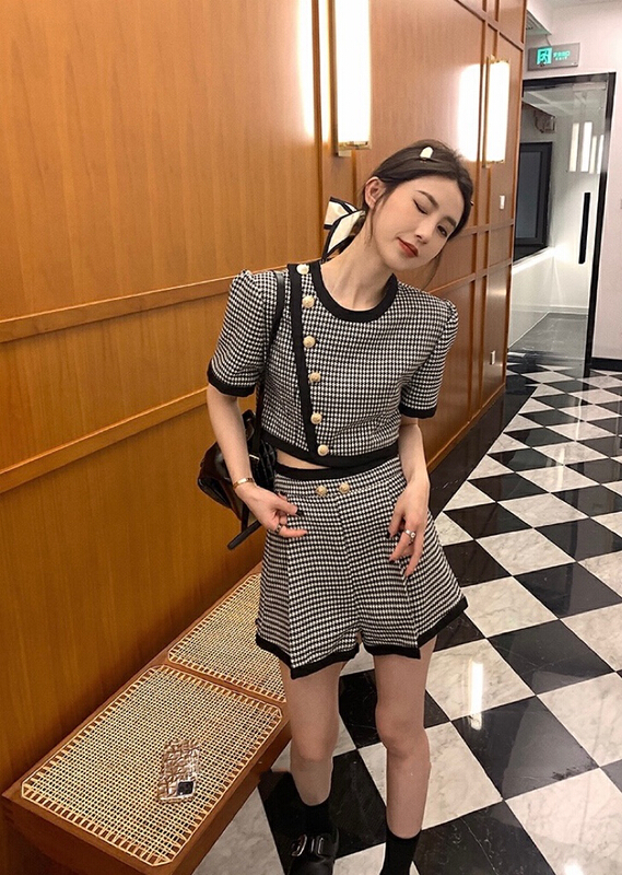 [savage] thousand bird check loose short coat + high waist and wide leg casual pants set e8213# WPL