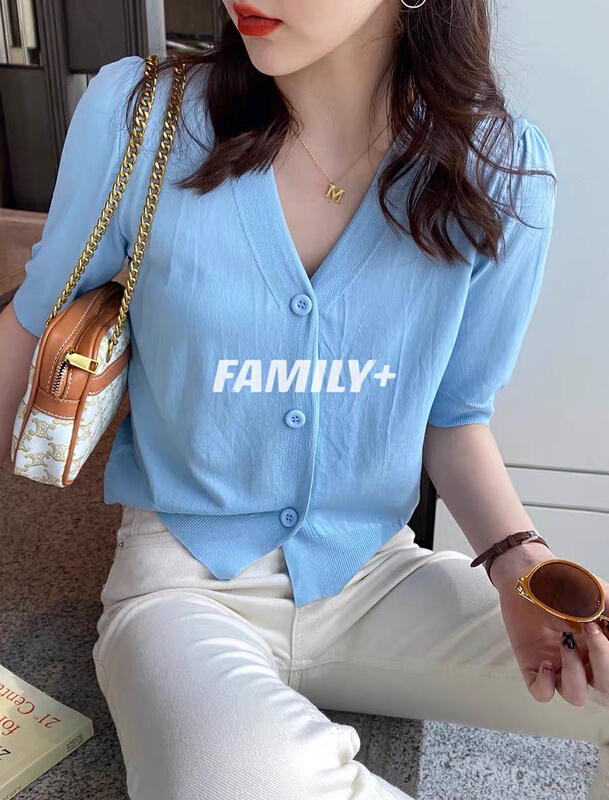goods in stock! [family +] Korean version simple V-neck ice silk knitted cardigan 22209# ozq
