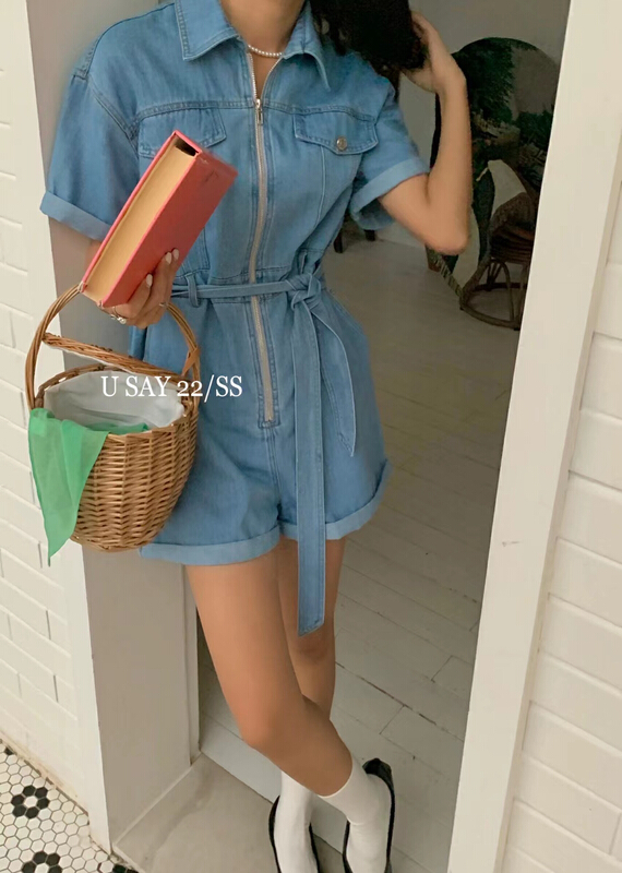 New in early summer! [u say] fashionable zipper design tooling high waist denim Jumpsuit (with belt) 65759# LSL