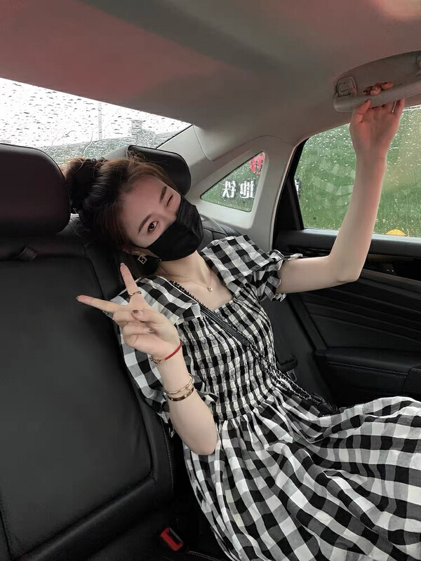 [Huaxi] French retro square neck black and White Plaid Dress (excluding necklace) 9032# PCZ