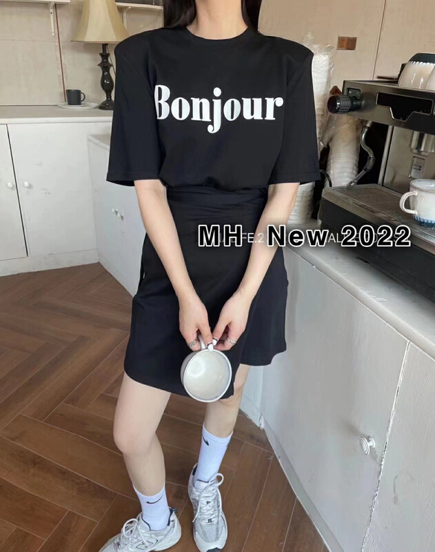 [M.H] round neck letter printed short sleeve + bandage short skirt set 8278# PCZ