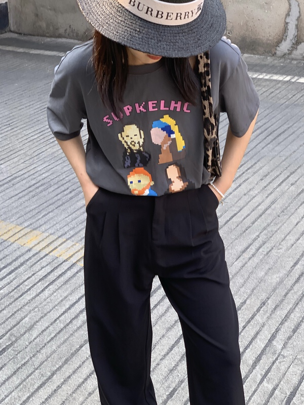 New in early summer! [meet + studio] printed cotton loose hollow out short sleeve T-shirt 52376# LSL