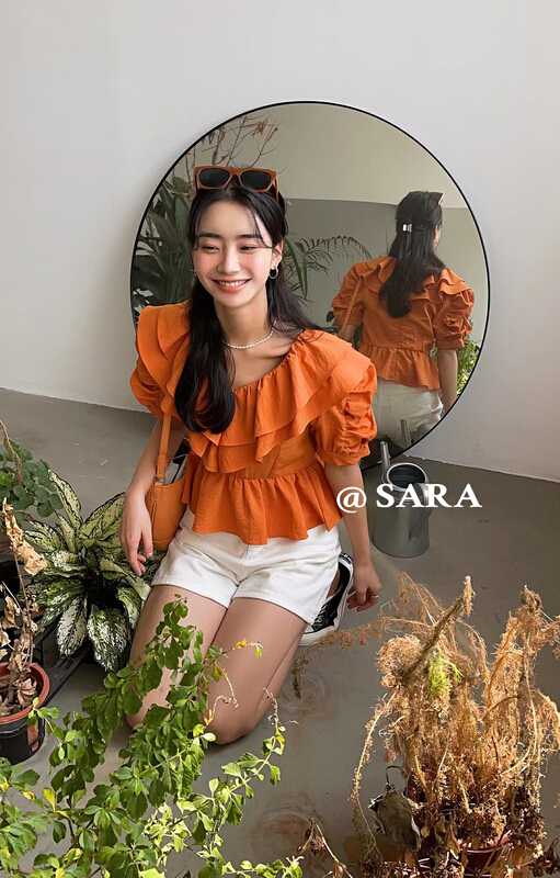 goods in stock! [Sara] French double ruffled V-neck blouse 88868# lwy