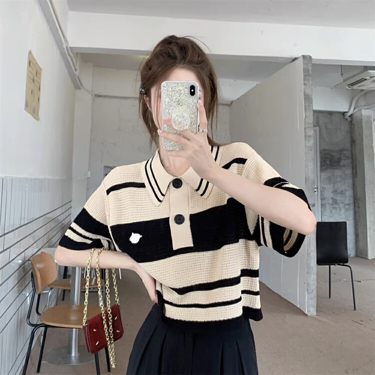 [miss Xi Xi] Vintage contrast Striped Polo neck sweater 339# Cl