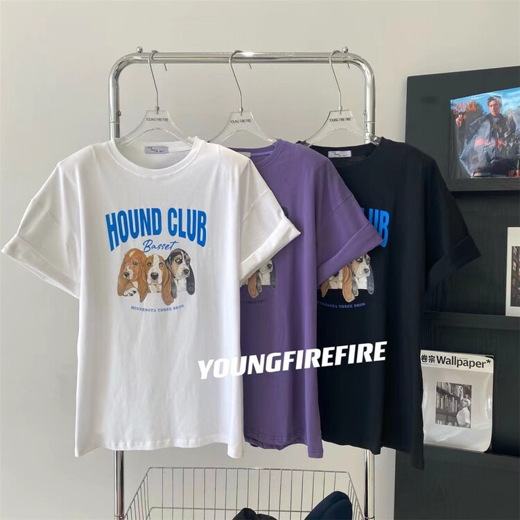 [Fire Fire] casual and versatile Three Dog Print short sleeve T-shirt hxs862# XJ