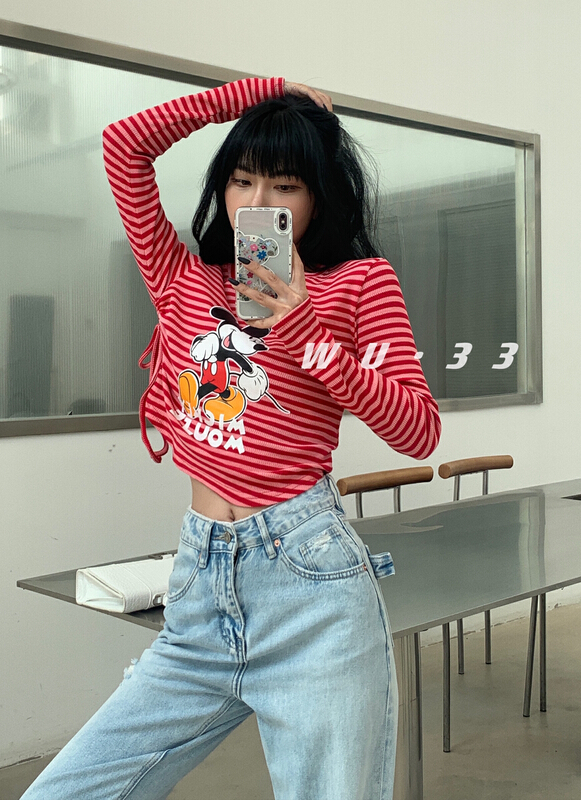 goods in stock! [Wu. 33] crew neck stripe short Mickey long sleeve T-shirt 22112# WTT