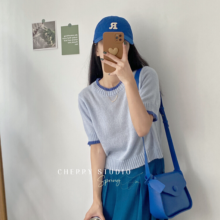 [cherry studio] Korean color blocking short sleeved T-shirt 5044# HBx