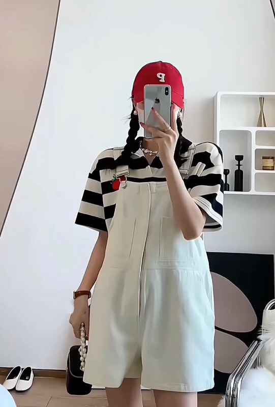 [JH] polo collar stripe embroidered short sleeve + washing work clothes suspender Pants Set 41666# PCZ