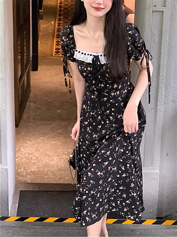 [Huaxi] square neck bubble sleeve pure desire to split, gentle wind, broken flower dress 9043# PCZ