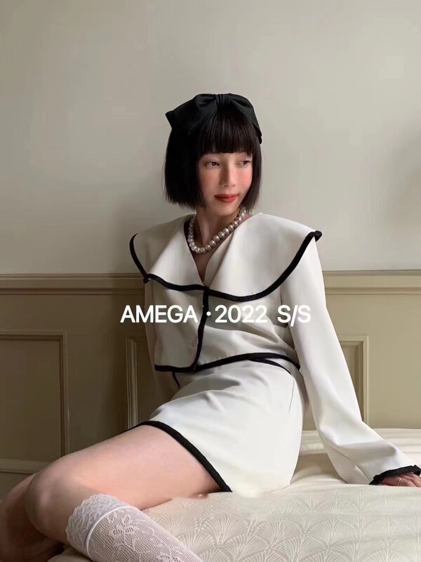 New year in early spring! [amega] Lapel contrast short coat + high waist skirt suit 6667# HBx