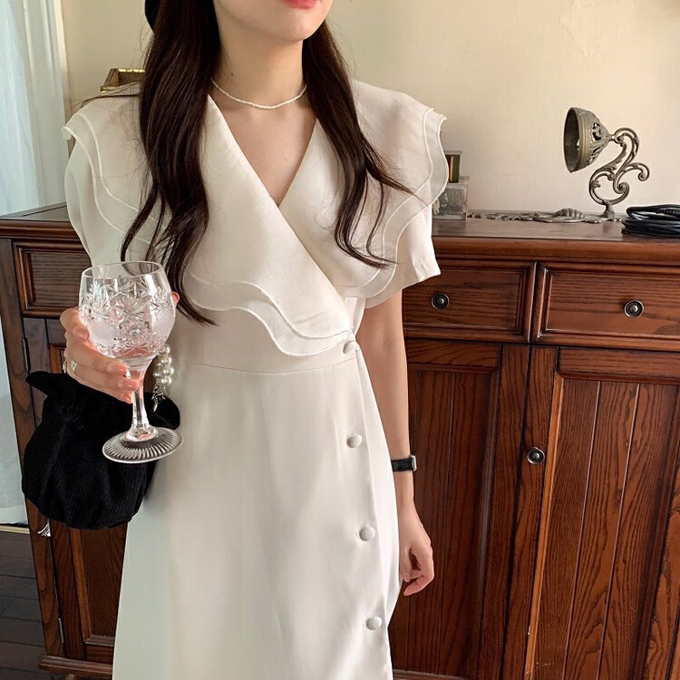 [Hello] French stitched flounce hem waist closing thin bandage dress a6293# lwy
