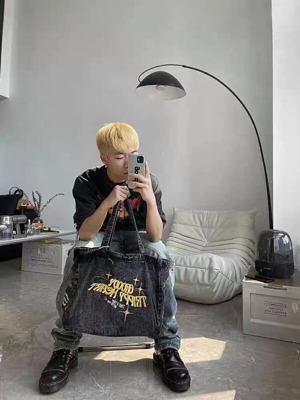 [9:00pm] Korean letter Embroidered Denim shoulder bag 3319# LSL