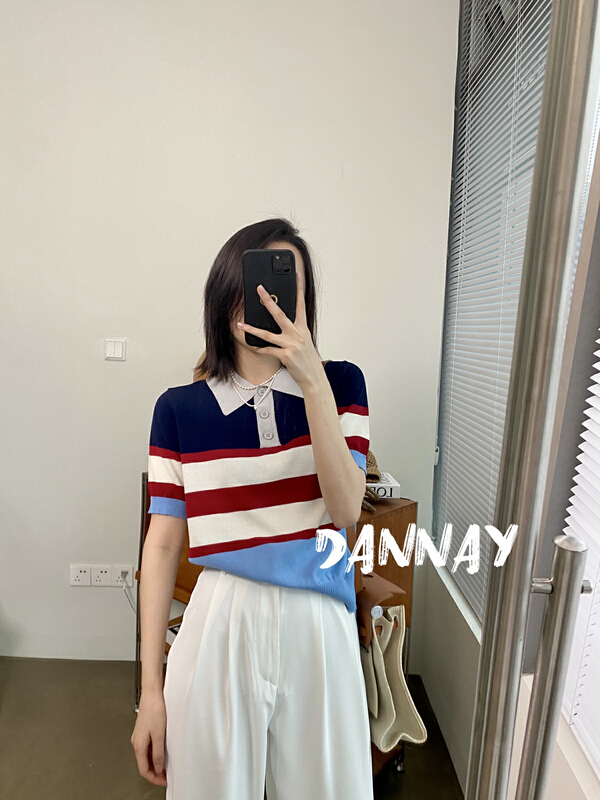 [dannay] Hong Kong Style mosaic contrast Polo neck ice silk sweater 6572# WPL