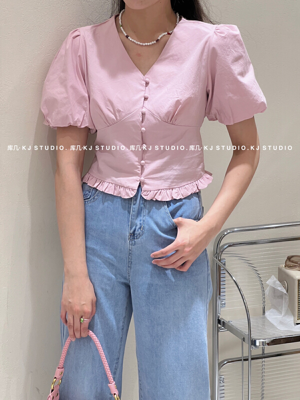 [kJ] Korean version simple V-neck breasted bubble sleeve blouse 3286# zxl
