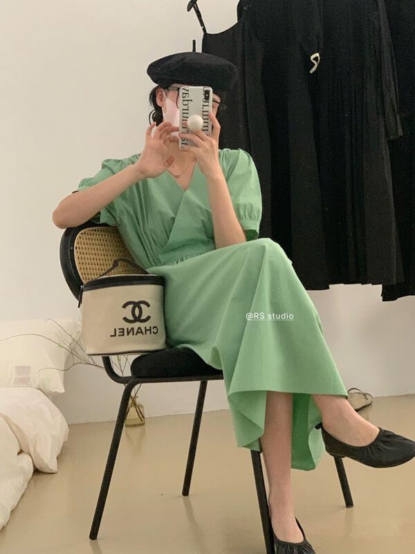 New in early summer! [RS] Korean version of INS style solid color V-neck drawstring waist tight thin medium length dress xl0055# XYY