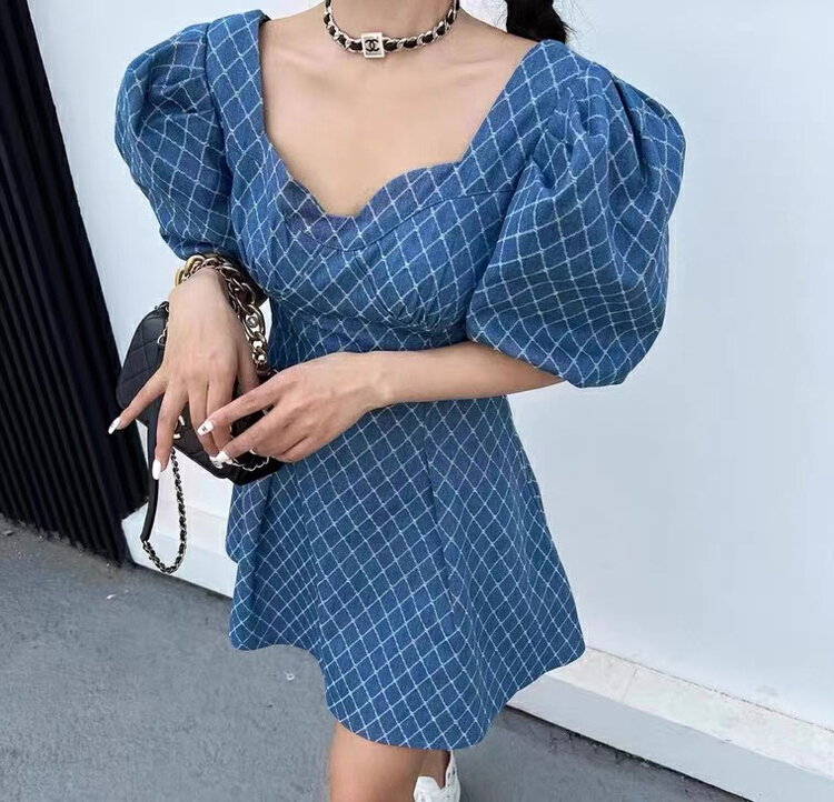 goods in stock! New in early summer! [c.h.z] Korean version square neck temperament bubble sleeve small dress 90877# WTT