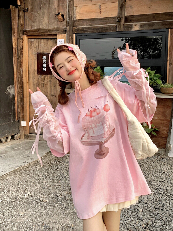 New in early summer! [timely rain] Han Feng ins sweet design sense print pattern stitching drawstring mesh fake two-piece loose sunscreen shirt 20505# WPL