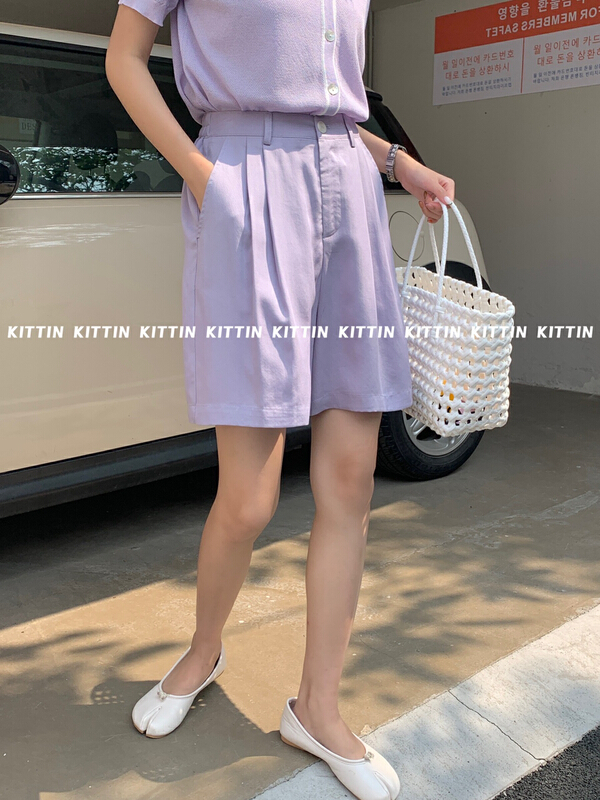 [Kittin] Korean version simple and slim side elastic straight tube wide leg casual shorts 980# XYY