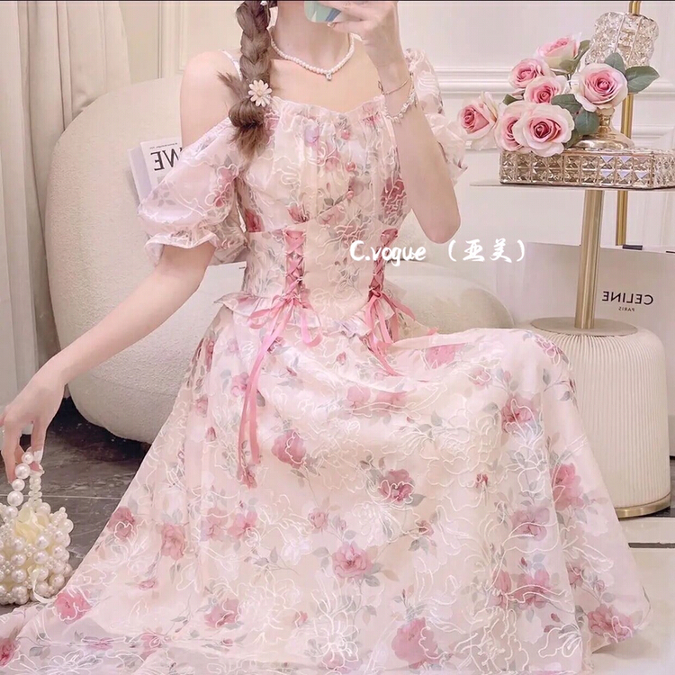 New in early summer! [c.vogue] high-grade fairy gas waist closing and thin floral suspender dress (with waist rope and removable sleeves) 29926# PCZ