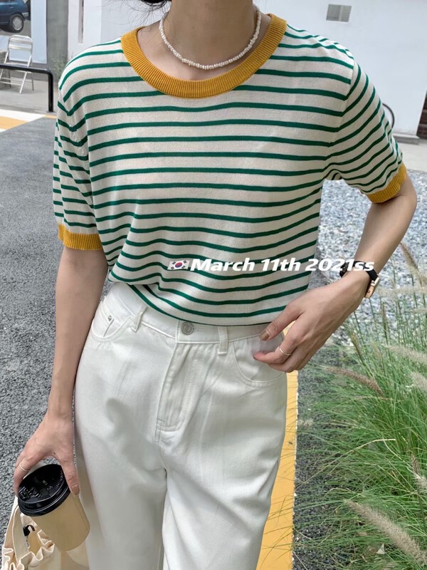 New in early summer! [March 11th] popular Korean stripe contrast loose knit short sleeve T-shirt 2116a# lwy