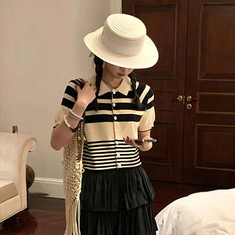 New in early summer! [are studio] simple and versatile Polo neck stripe T-shirt 81067# WPL