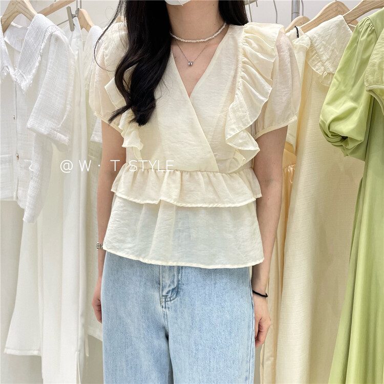 [wt] V-neck slim ruffled blouse 6108# HBx
