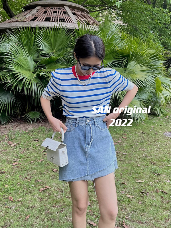 New in early summer! [San original] striped crew neck fashion slim shirt (excluding necklace) 153# LSL