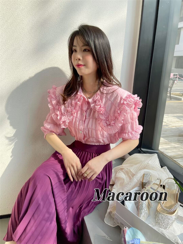 New year in early spring! [macaroon] Korean version large lapel Short Sleeve Chiffon shirt 7721# PCZ