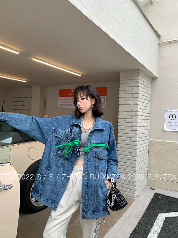 [zhengruxi] bow tie color matching fashion denim jacket 11443# WTT