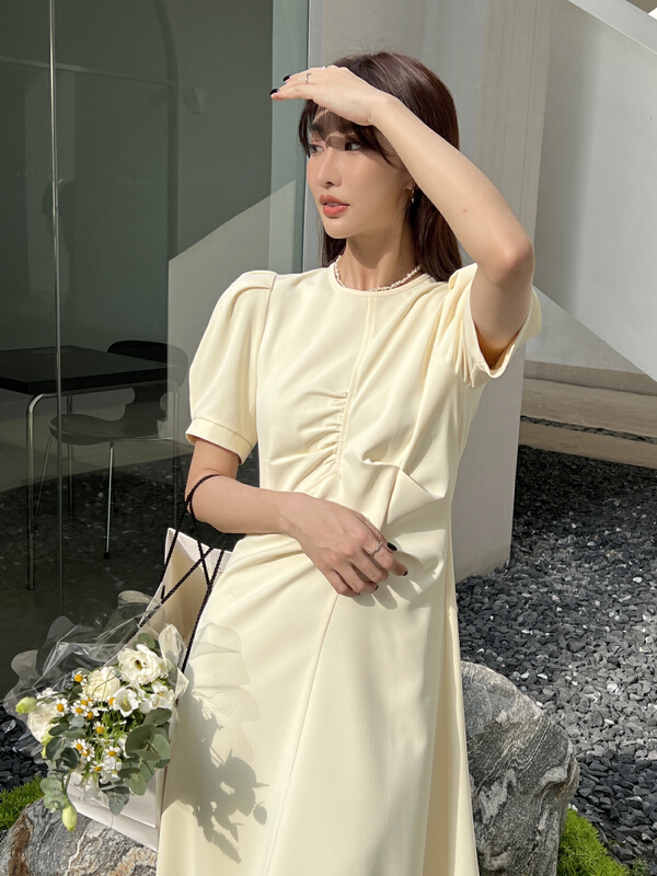 [context sense] pleated design shows thin temperament round neck dress mnc981# CLS