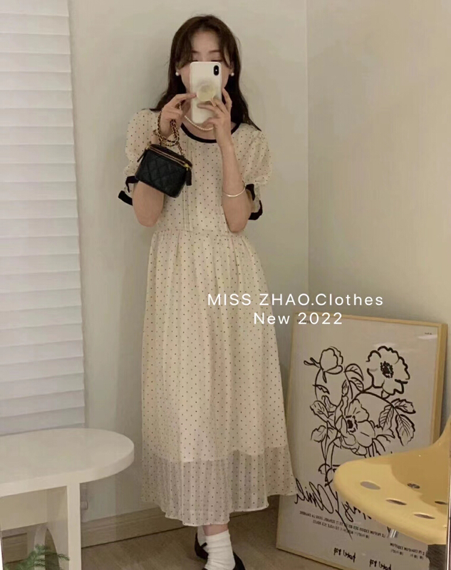 [misszhao] retro wave point contrast color wrapped lace up dress 1386# HBx