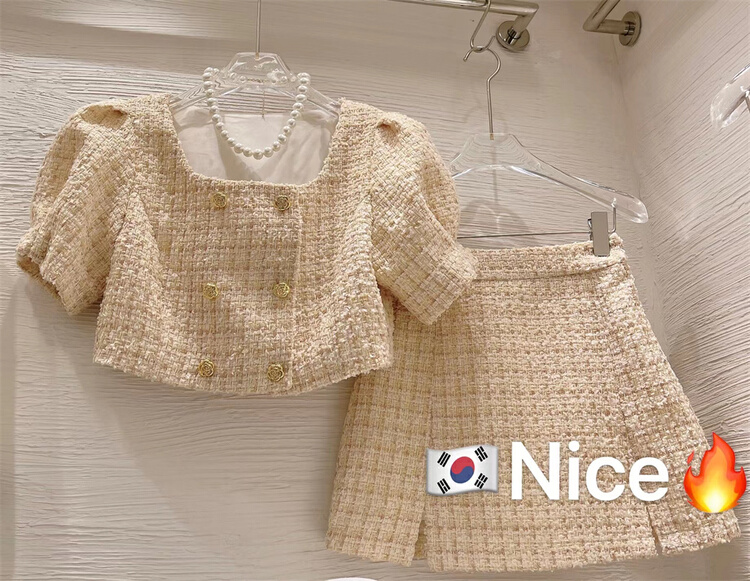 [nice naisier] French double breasted square neck small fragrant style shirt + high waist A-line skirt suit ys1-8833# XJ