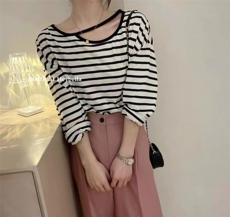 goods in stock! [hey Bella] crew neck stripe comfortable long sleeve T-shirt 2333# ll