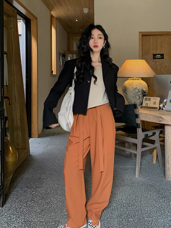 goods in stock! New year in early spring! [savage] Korean version simple high waist belt design, loose straight casual pants e6096# WPL