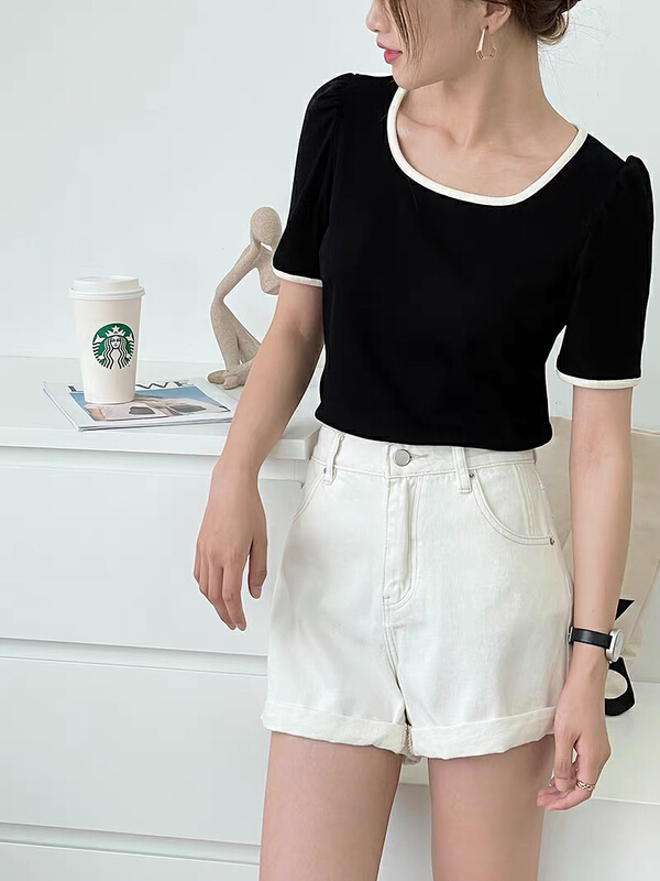 New in early summer! [blue show] simple color contrast fashion short sleeve T-shirt 993# LSW
