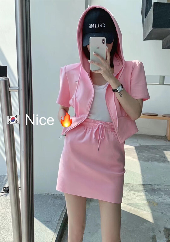 New in early summer! [nice naisier] Korean shoulder pad hooded short sleeved cardigan + High Waist Hip Wrap Skirt Suit 8818-1# XJ