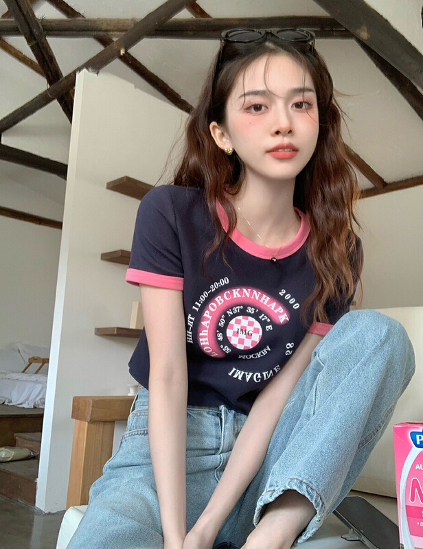 New in early summer! [timely rain] Han Feng ins cool and cute retro foreign style aging temperament printed short sleeve T-shirt f522\wpl
