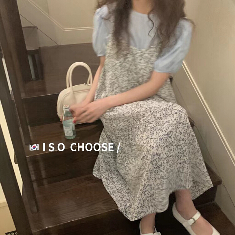 New in early summer! [ISO Korean] floral suspender dress + temperament Bubble Sleeve Chiffon Top Set 66177# hjy